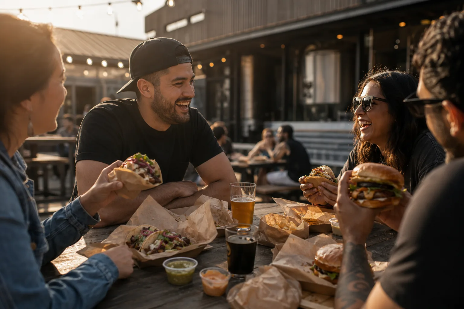 Guests eating Pacheco food at the Four Corners taproom.